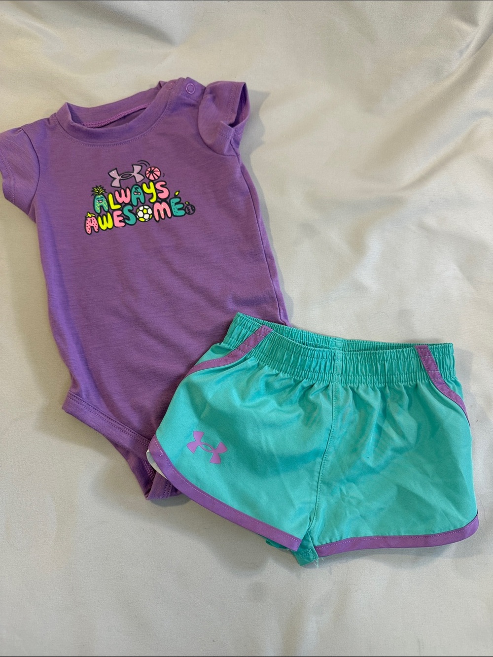 Under Armour NWOT Purple & Teal "Always Awesome" Bodysuit and Shorts Set